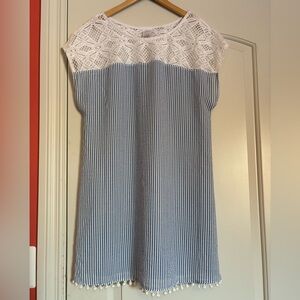 MERONA Bathing Suit Coverup. Tasseled bottom, Lace Top. Blue and White Striped